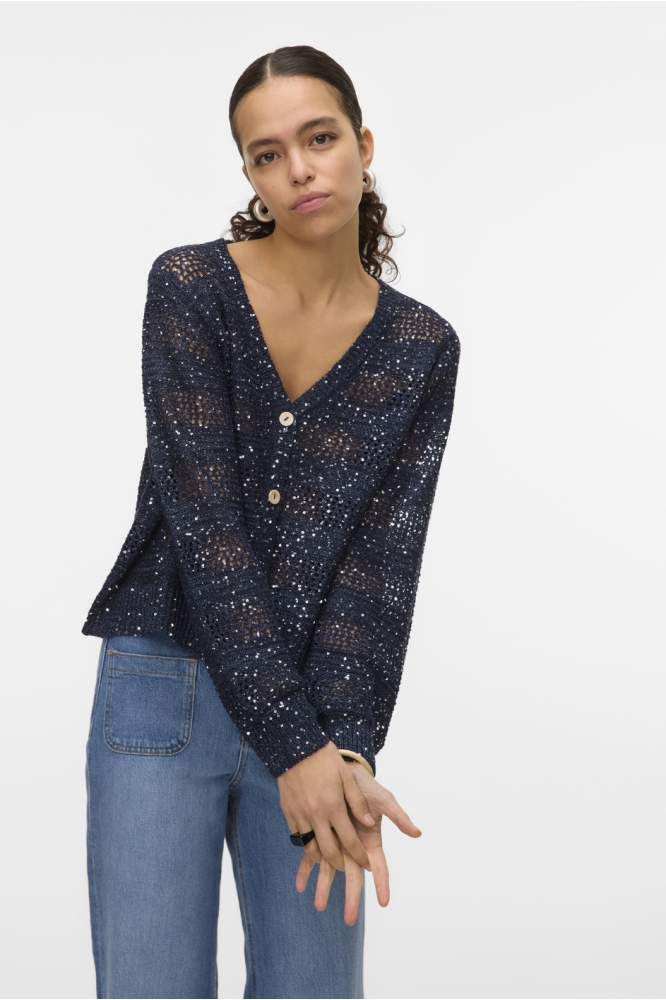 VMLEILANI STRIPE LS V-NECK CARDIGAN 10327775 Navy Blazer/W. SILVER